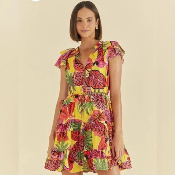 FARM Rio Yellow Fruit Dream Ruffle Mini Dress Sz M - Picture 1 of 6